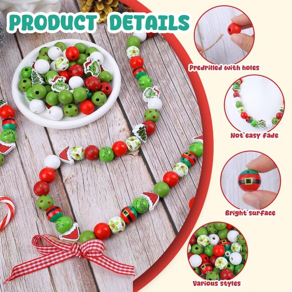 232Pcs Christmas Wooden Beads with Jute Twine Red Green round Craft Beads, NEW - Picture 3 of 5